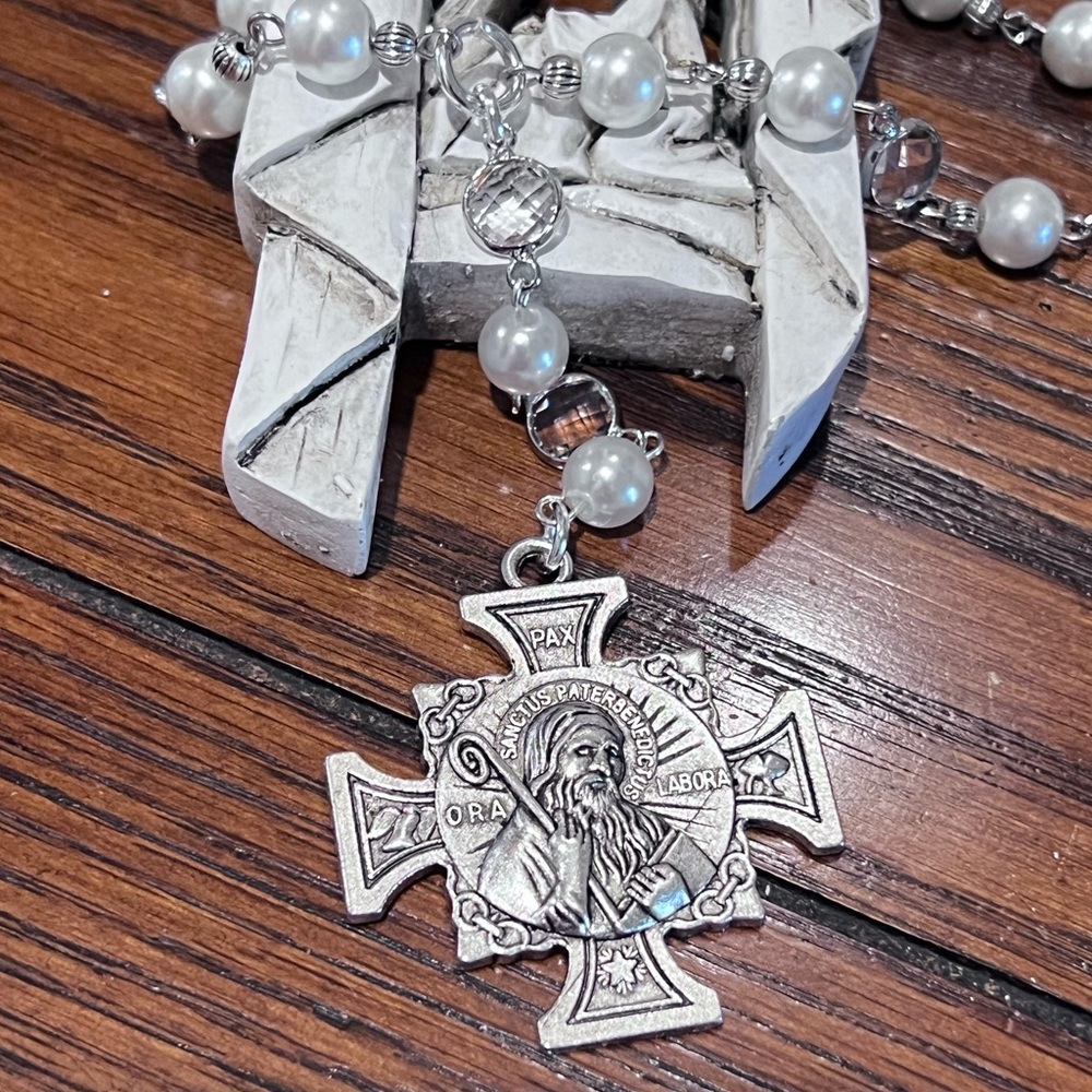 NWOT - St. Benedict pearl long necklace
